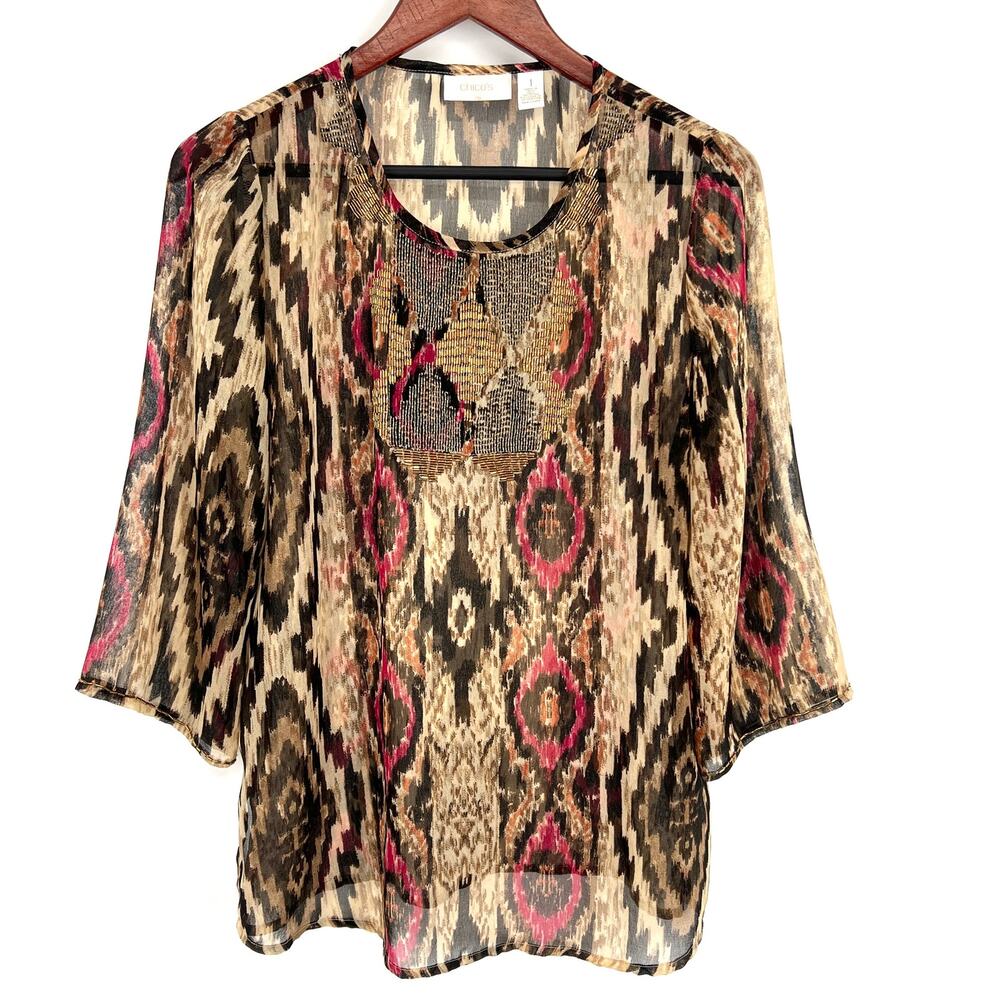 Chico's Size 1 or M Medium Beaded Tribal Blouse Shirt Top Summer Fall Business
